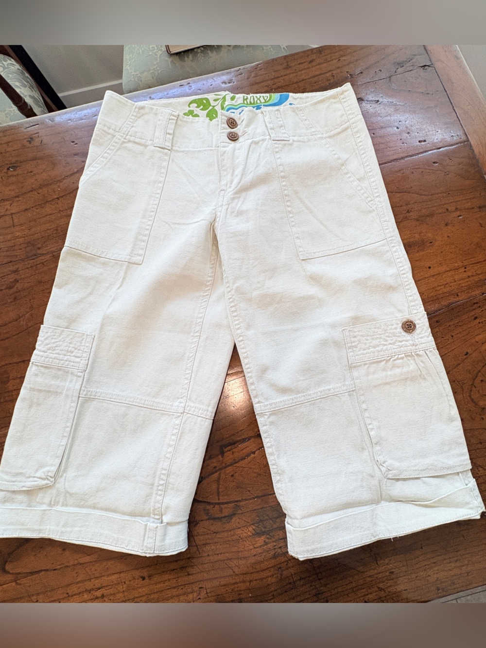 Roxy Cotton/Linen Cargo Capri Pants Shorts Cream Surfer Y2K Low Rise Sz 3/4